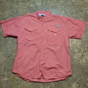 Columbia PFG Fishing Shirt Mens Large L Coral Short Sleeve Vented Caped Outdoor